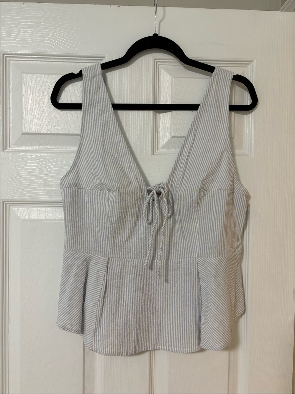 Free People White and Light Blue Striped Tie-Front Peplum Camisole